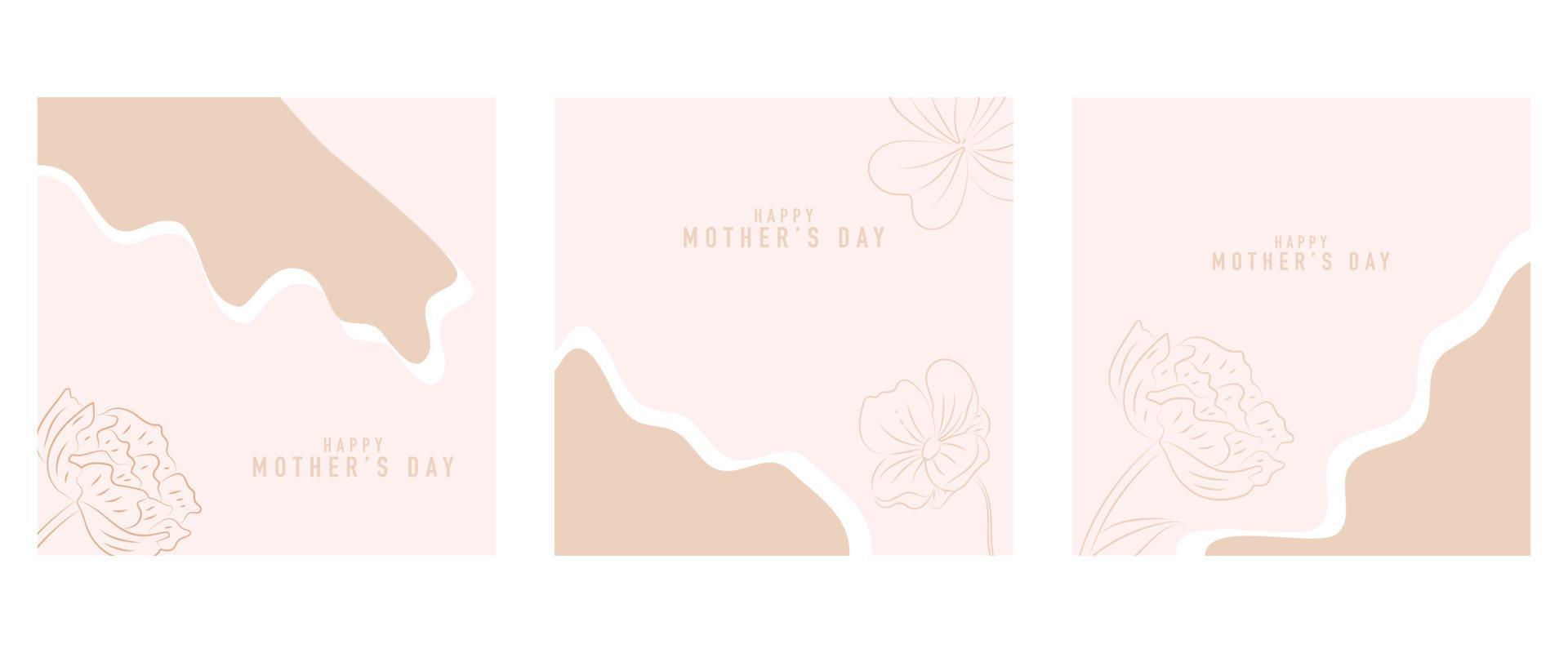 Happy Mother's Day vector greeting card set with beautiful flowers and hearts. Line drawing of flowers. One line minimalist style illustration for banner