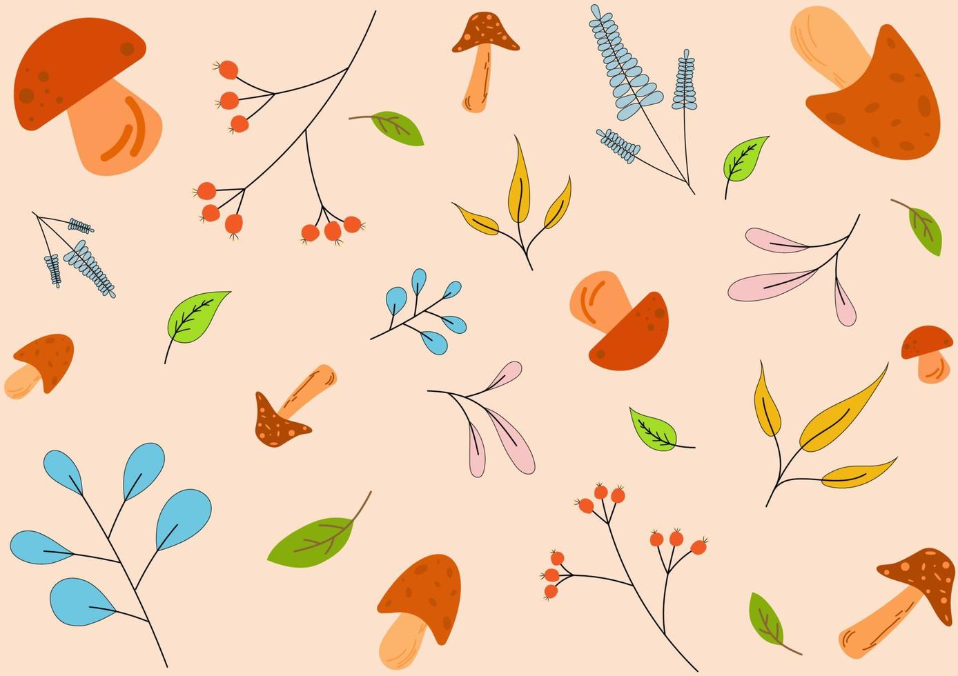 Lovely mushrooms, flowers and leaves arranged alternately. On a brown background, design for clothes, cover pattern, bags, towels, blankets, baby items, fabric pattern. vector