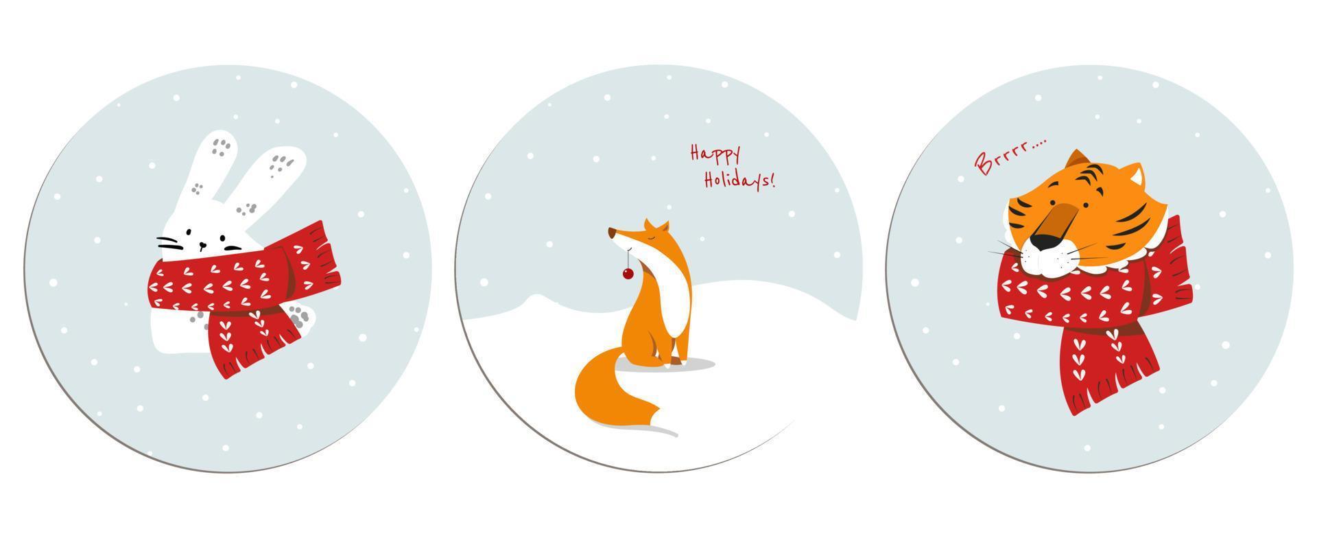linda liebre, zorro y tigre de año nuevo en una bufanda. para pegatinas, postales y carteles. felices vacaciones. vector