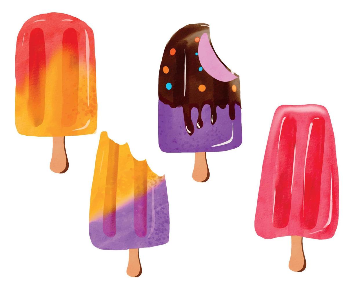 Colorful hand-drawn watercolor popsicles set with transparent background vector