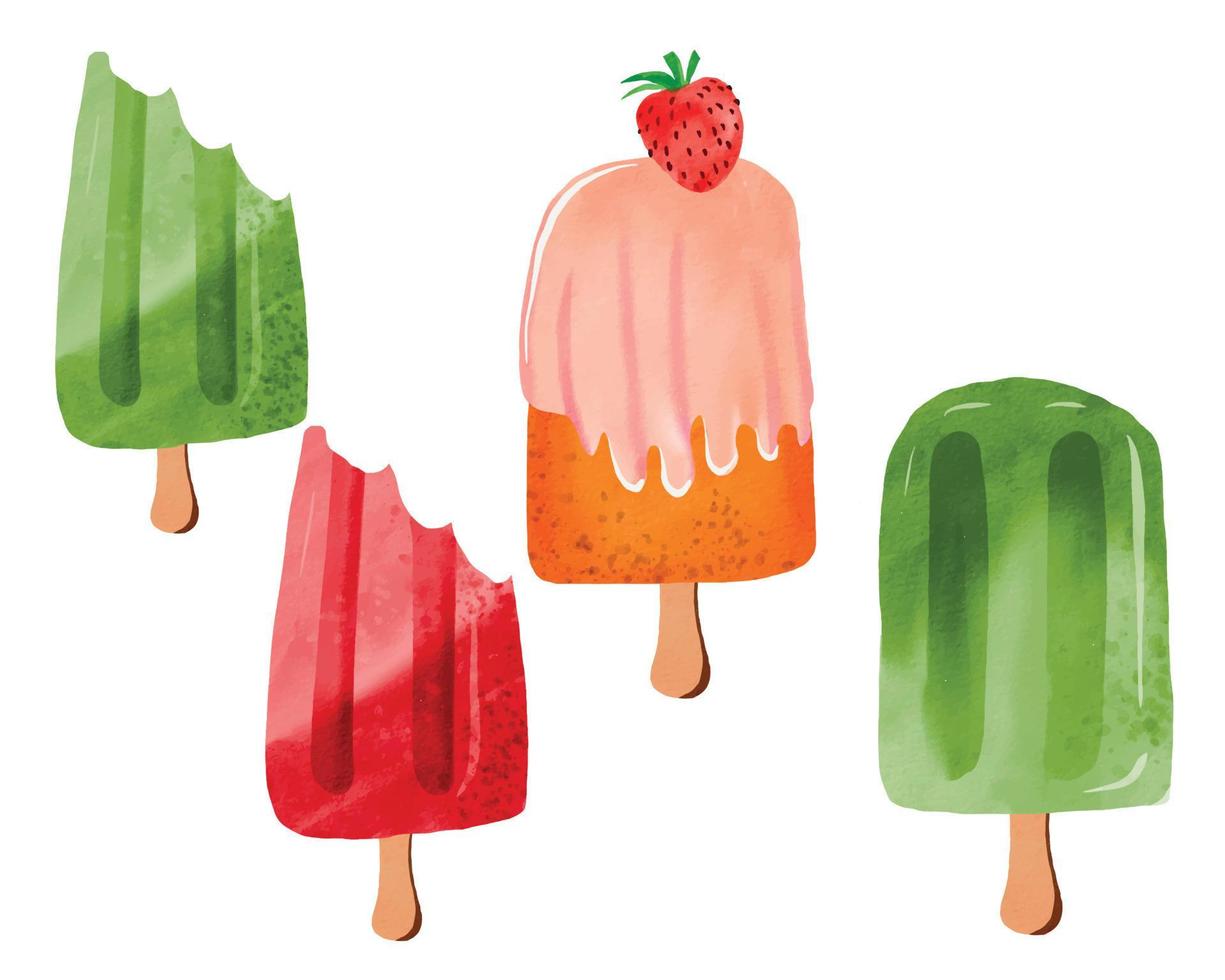 Colorful hand-drawn watercolor popsicles set with transparent background vector