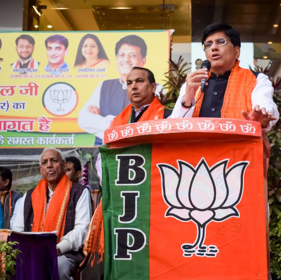New Delhi, India - November 27 2022 - Piyush Goyal Cabinet Minister and core member of Bharatiya Janata Party BJP during a rally in support of BJP candidate ahead of MCD local body Elections 2022 photo