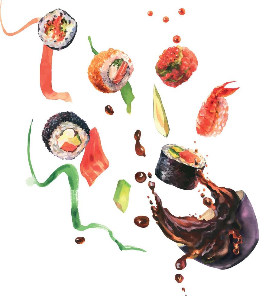 composición de acuarela con sushi, salsa de salpicaduras, ingrediente para sushi sobre fondo blanco. para el menú del restaurante de sushi de diseño, tarjetas, impresión, diseño, papel tapiz, toalla de cocina. vector