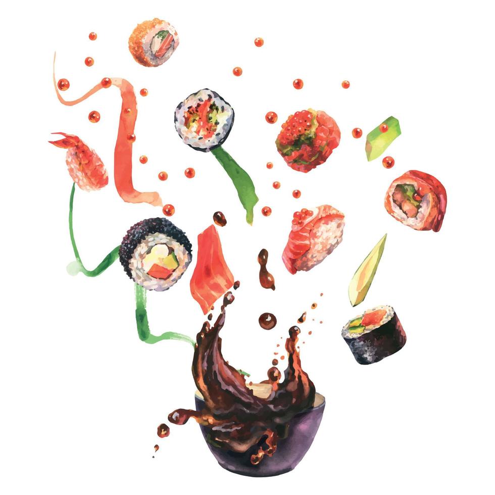 Watercolor composition with sushi, splash sause, ingredient for sushi on white background. For design sushi restaurant menu, cards, print, design, wallpaper, kitchen towel. vector