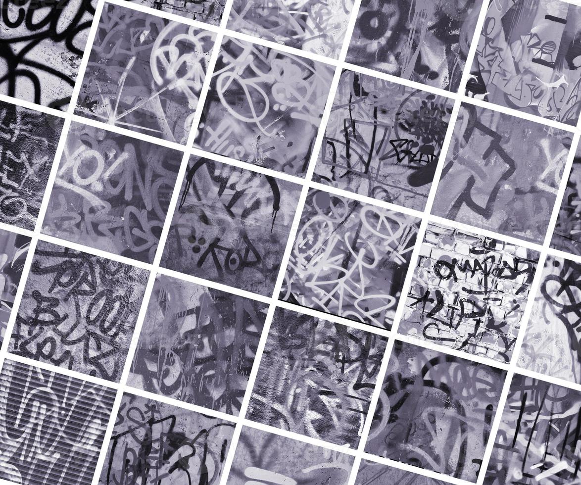 A set of many small fragments of tagged walls. Graffiti vandalism abstract background collage photo