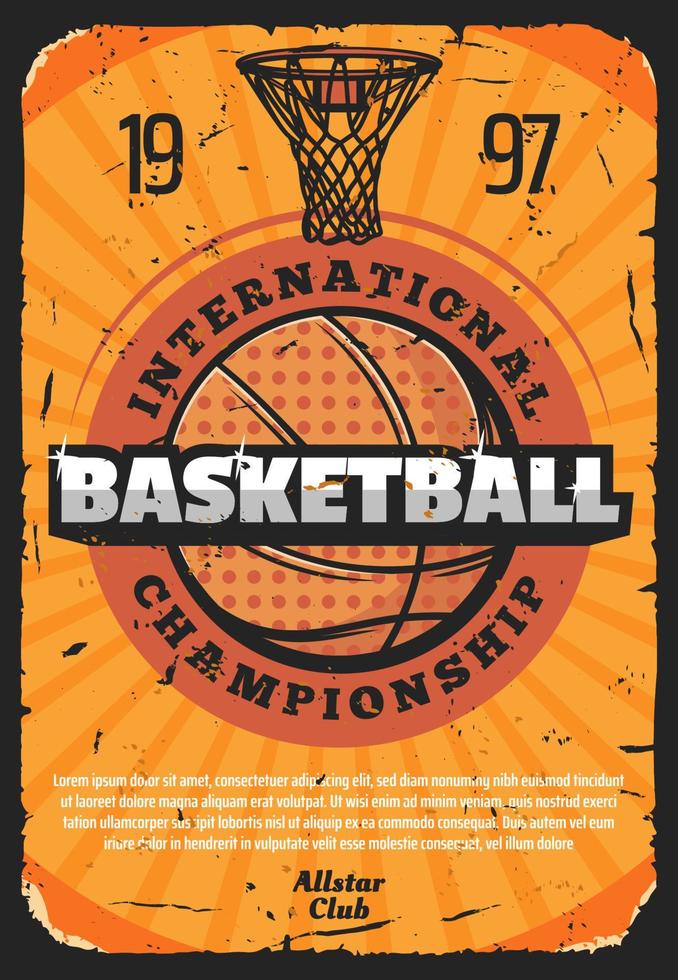 cartel deportivo de baloncesto con pelota de cuero vector