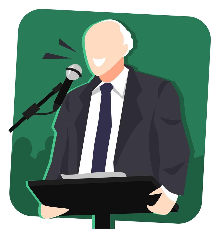 illustration of an aged man giving a speech in a public place. with microphone and green background. the concept of political themes, lectures, campaigns, communication, etc. flat vector