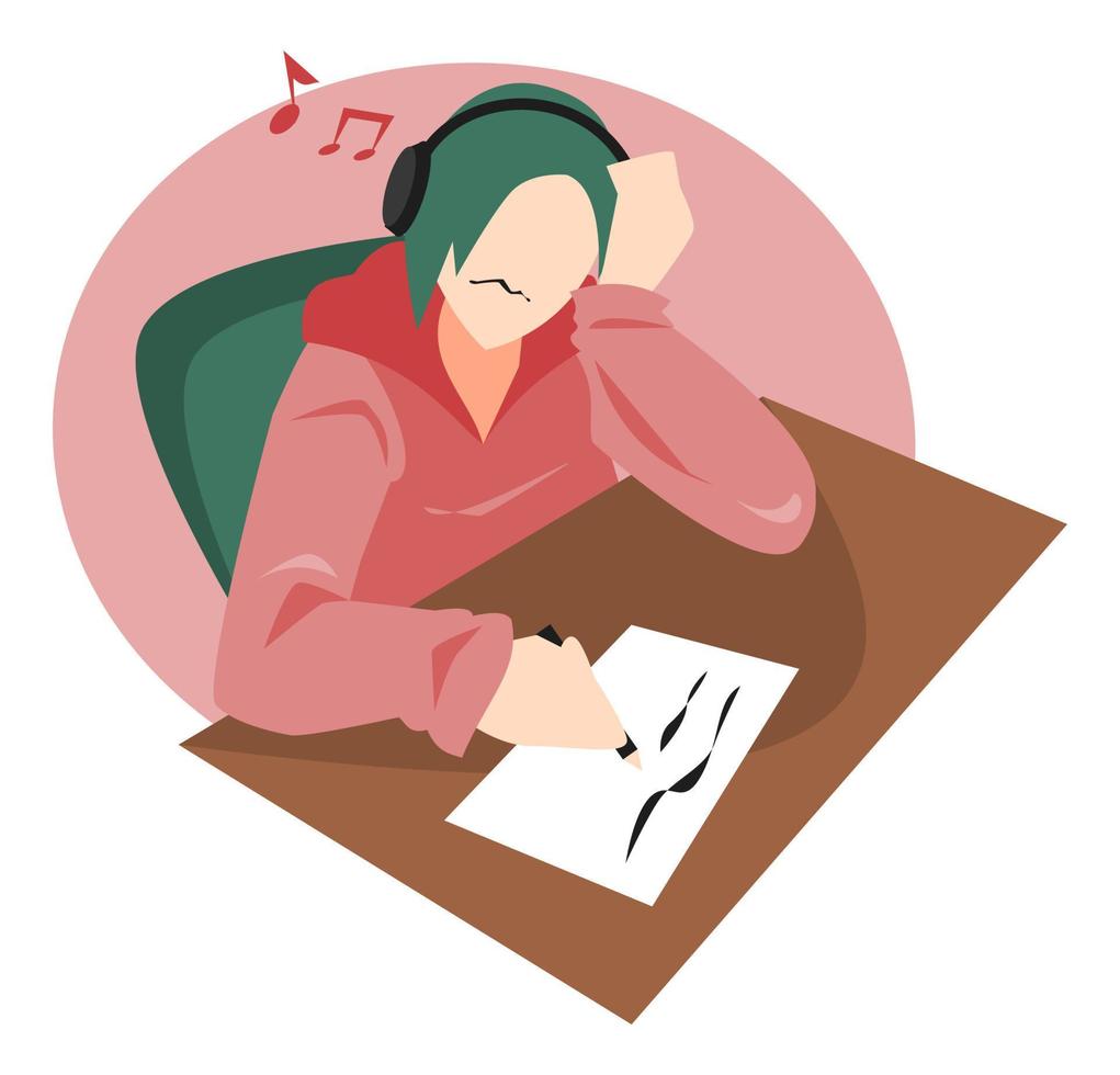 ilustración de una joven escuchando música con auriculares mientras escribe. cuenta con un icono de tono. el concepto del tema de los pasatiempos, hacer tareas, estudiar, relajarse. vector plano