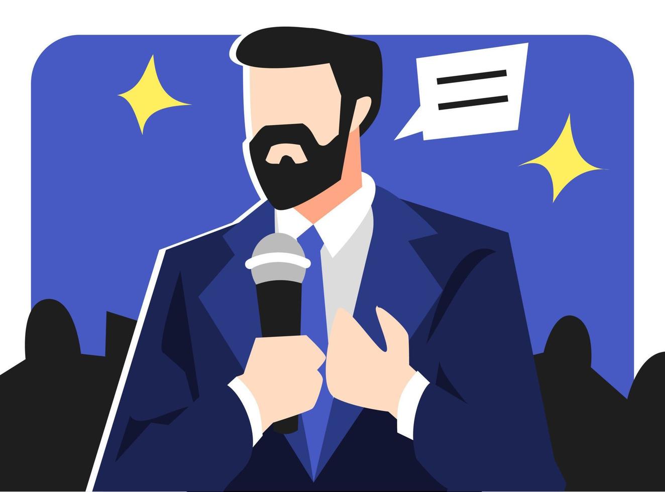 illustration of a male adult in neat and formal attire talking into the microphone. crowd background, flash. concept theme of speech, news, public speaking, politics, work, etc. flat vector