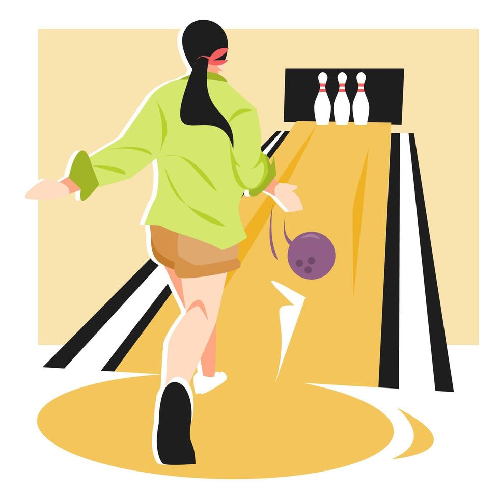 vista posterior ilustración de una mujer jugando a los bolos. lanzar el balón. fondo de bolera, bolos. concepto y tema de deporte, hobby, juego, desafío, etc. vector plano