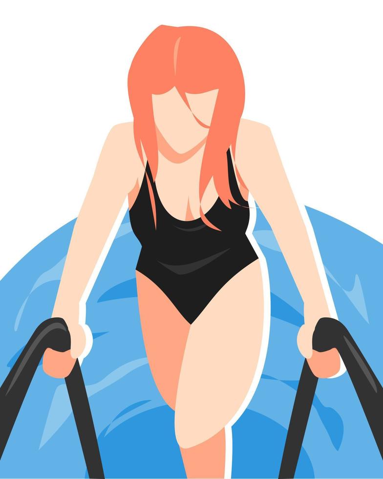 ilustración de mujer en traje de baño negro terminando de nadar. fondo de agua concepto de tema deportivo, hobby, actividad, verano, etc. vector plano