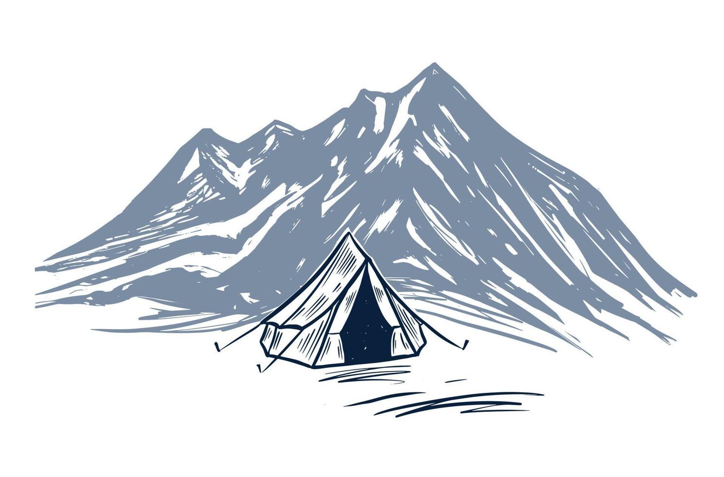 camping, paisaje montañoso, estilo boceto, ilustraciones vectoriales. vector