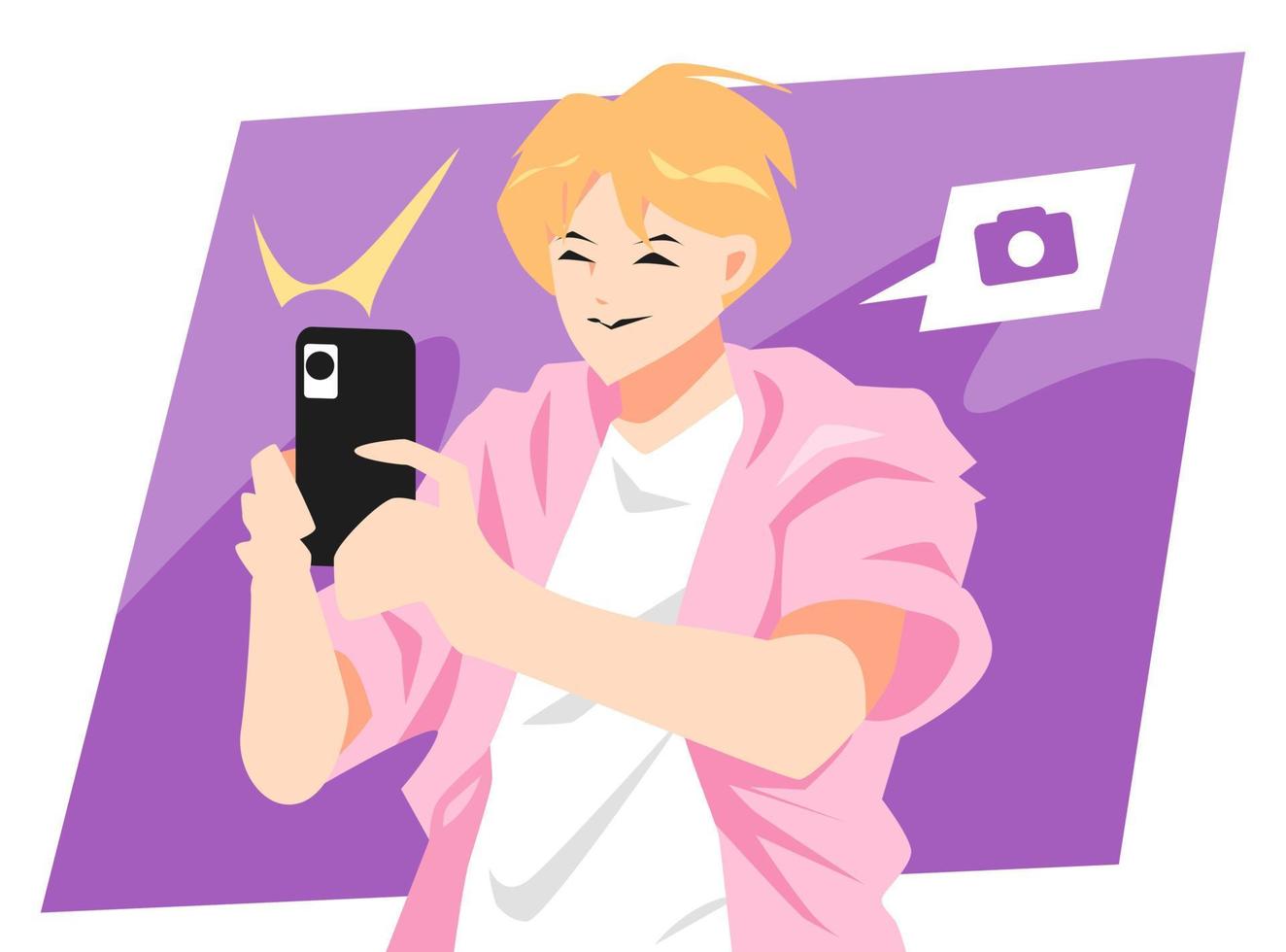 ilustración de un apuesto adolescente tomando una foto usando un teléfono inteligente. icono de la cámara el concepto del tema de actividades, pasatiempos, trabajo, etc. vector plano