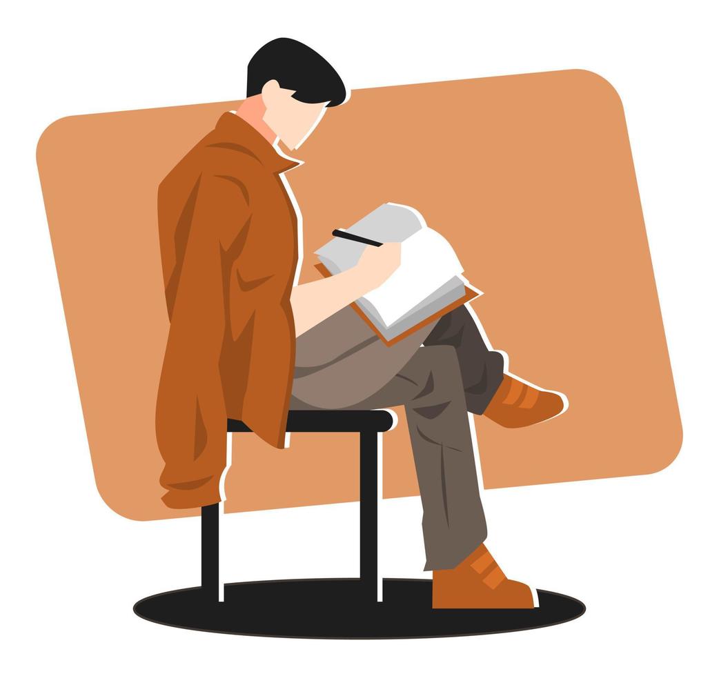 ilustración de un apuesto adolescente sentado mientras escribe un libro. dibujar. postura sentada. conceptos y temas de trabajo, pasatiempos, estilos, etc. vector plano