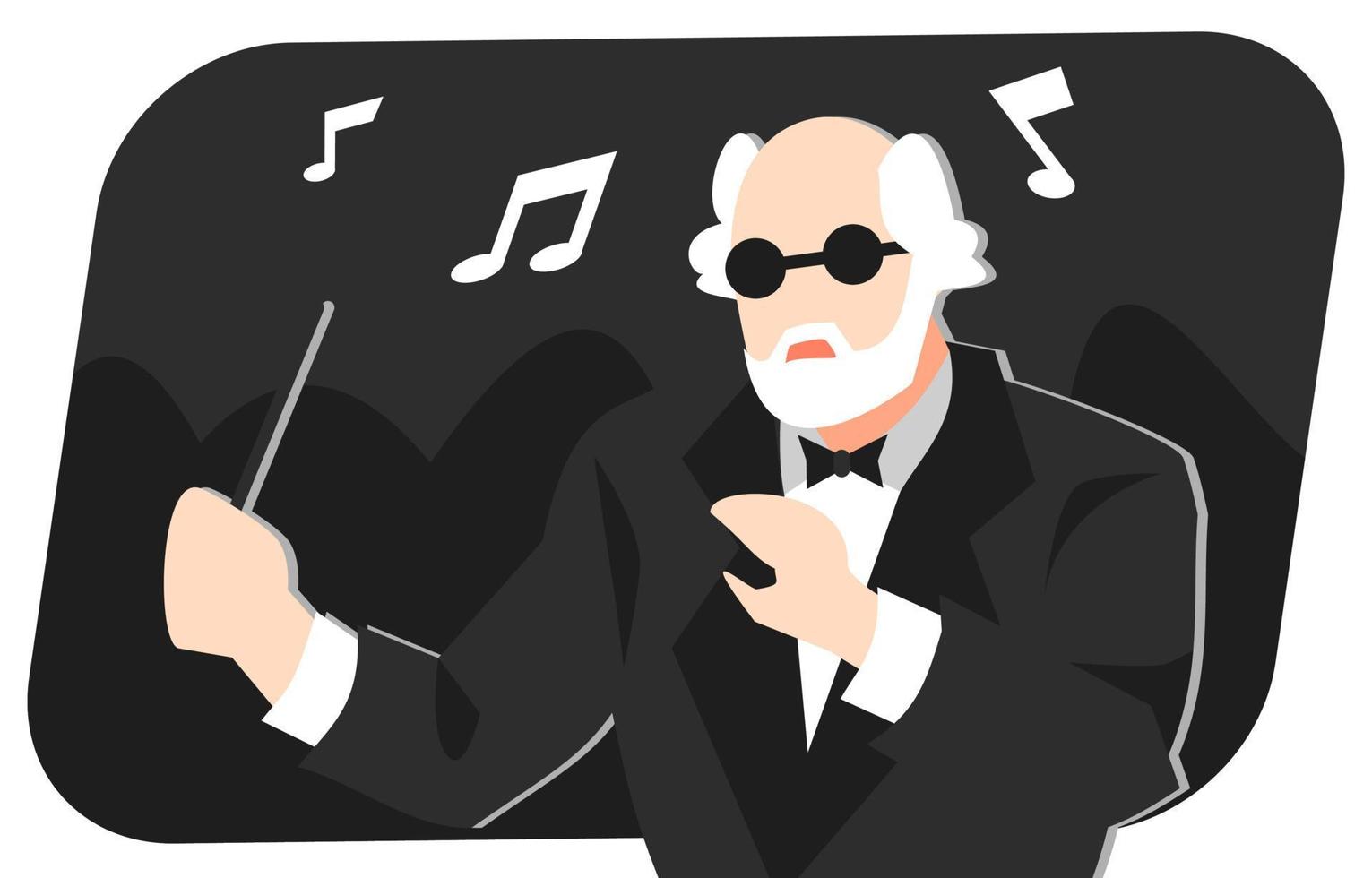 ilustración de un director de música con un bastón. icono de notas de la canción. concepto y tema de interpretación musical, orquesta, profesión, etc. vector plano