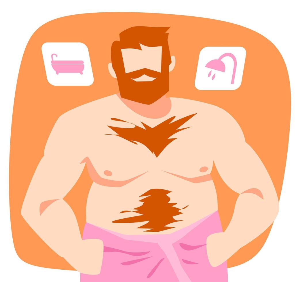 ilustración de un hombre gordo sin camisa usando una toalla con icono de bañera, icono de ducha. el concepto de limpieza, baño, salud, fresco. vector plano