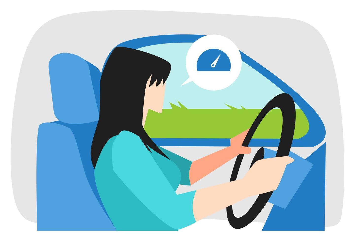 mujer conduciendo una vista lateral del coche. con el icono indicador del velocímetro. concepto de conducción, límite de velocidad, seguridad, viajes. ilustración vectorial plana vector
