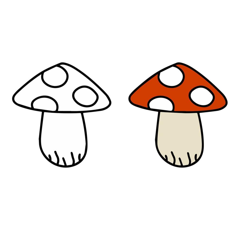 Poisonous mushroom. Fly agaric with red cap. Outline cartoon illustration vector