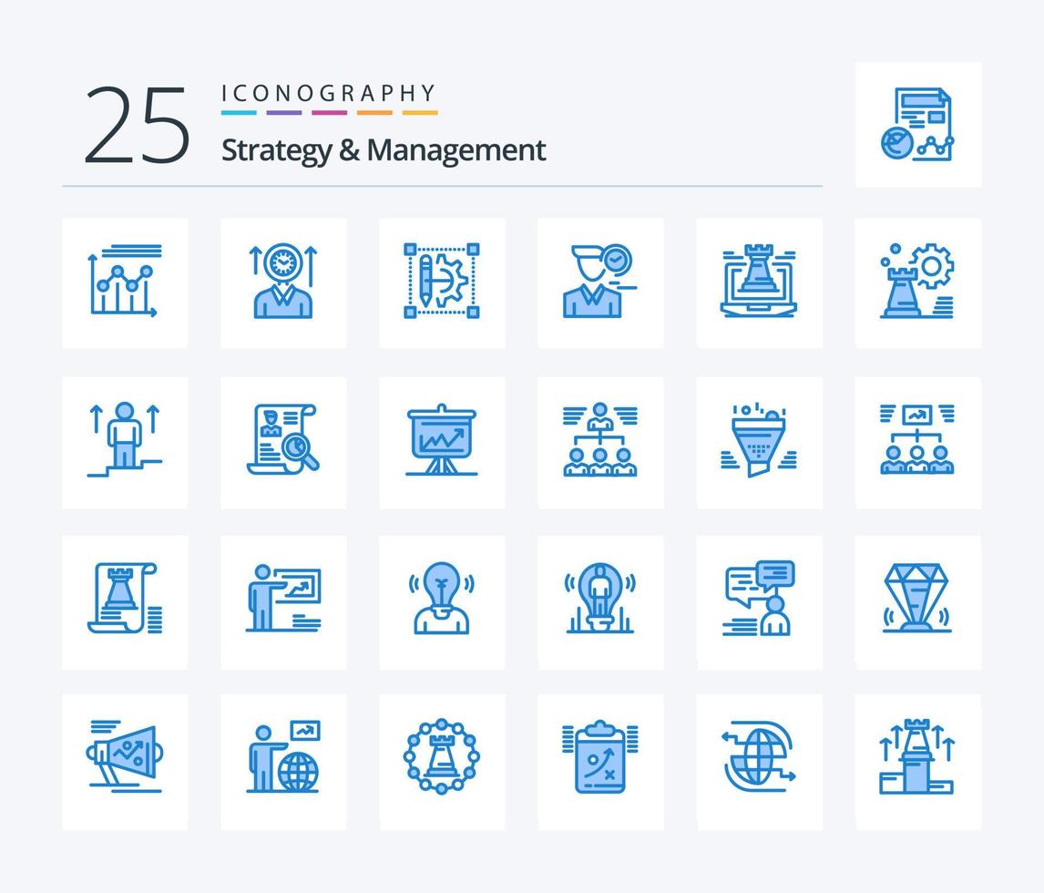 Strategy And Management 25 Blue Color icon pack including user. clock. up. time. cog wheeld printer vector