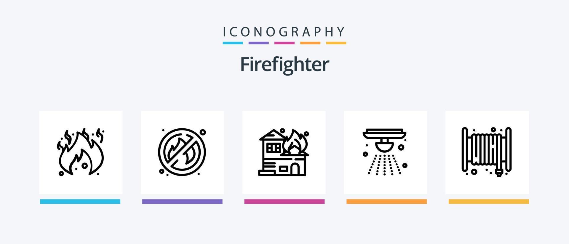 Firefighter Line 5 Icon Pack Including house. fire. boots. tool. fire. Creative Icons Design vector