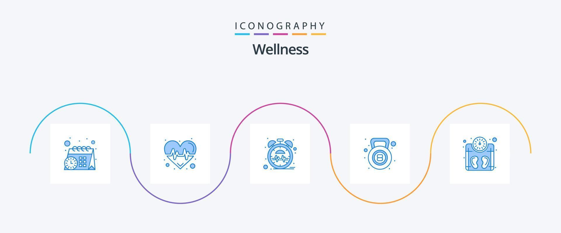 paquete de iconos wellness blue 5 que incluye pesaje. máquina. corazón. aptitud física. campana de la tetera vector