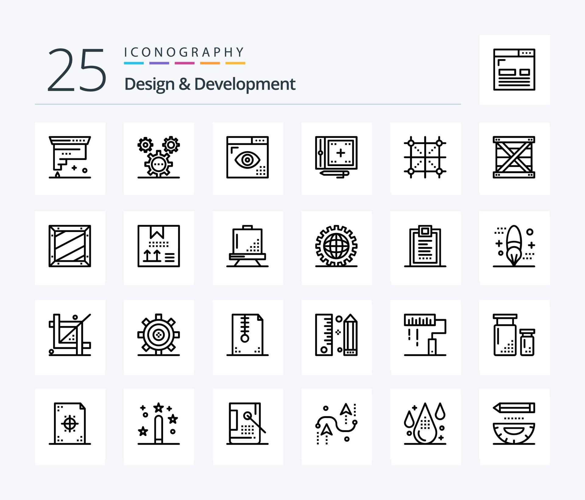 Design and Development 25 Line icon pack including development. coding ...