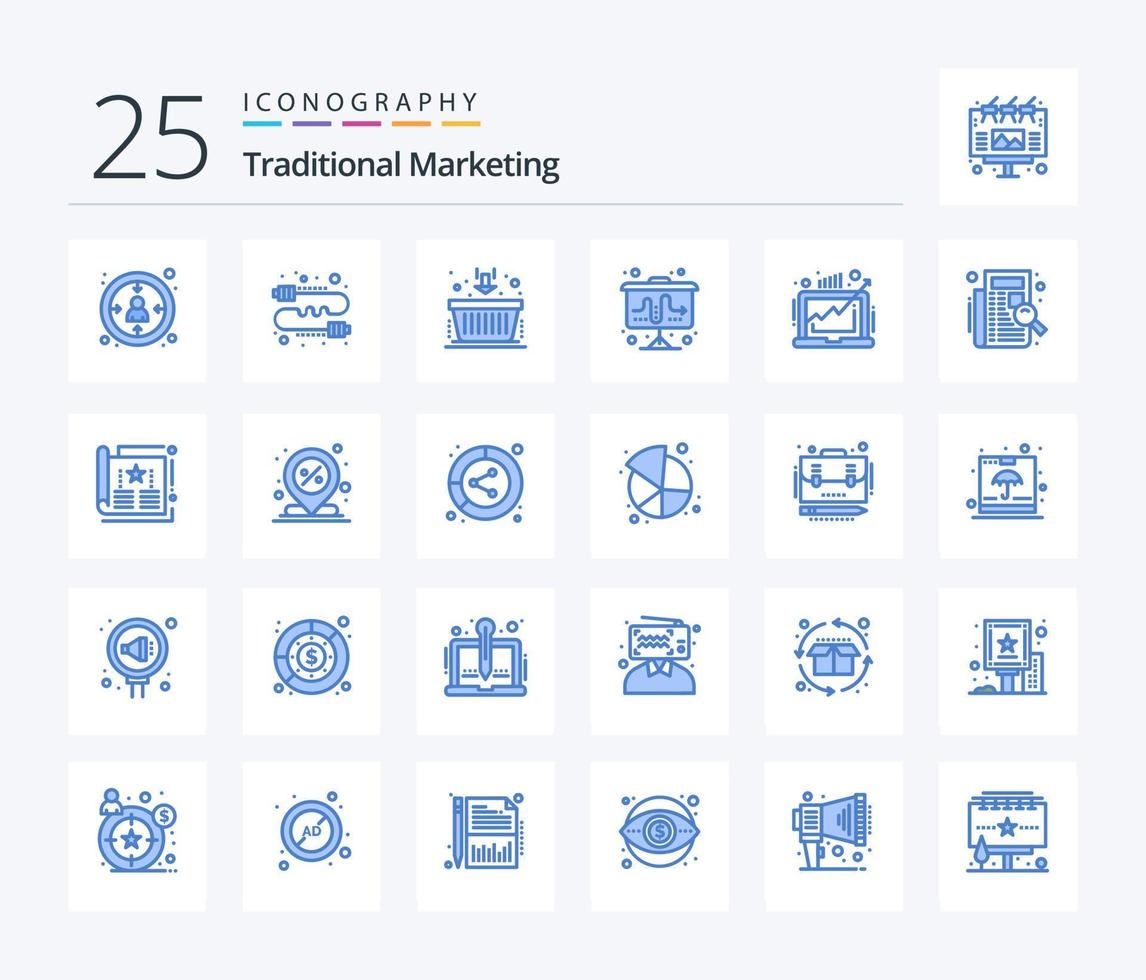 paquete de iconos de color azul de marketing tradicional 25 que incluye negocios. estrategia. marketing. mercado. marketing vector