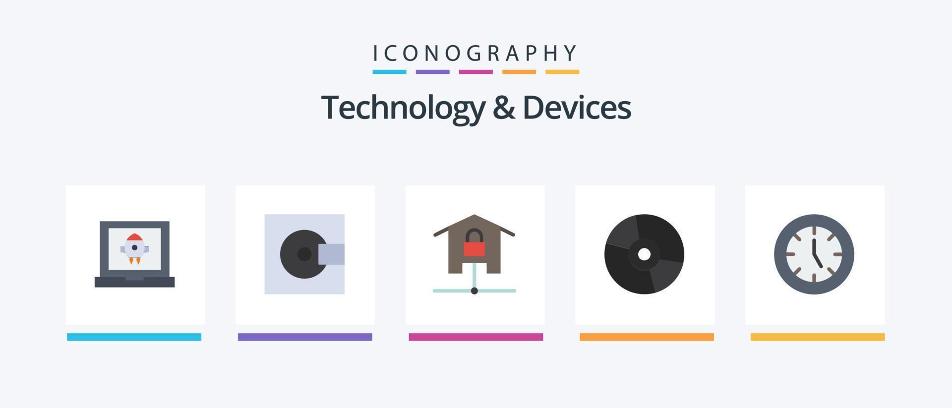 Devices Flat 5 Icon Pack Including products. disc. technology. devices. locked. Creative Icons Design vector