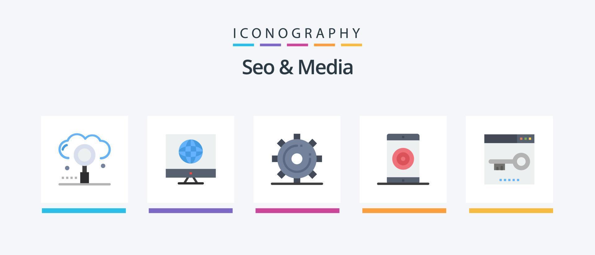 paquete de iconos seo y media flat 5 que incluye optimización. medios de comunicación. web. motor. página. diseño de iconos creativos vector