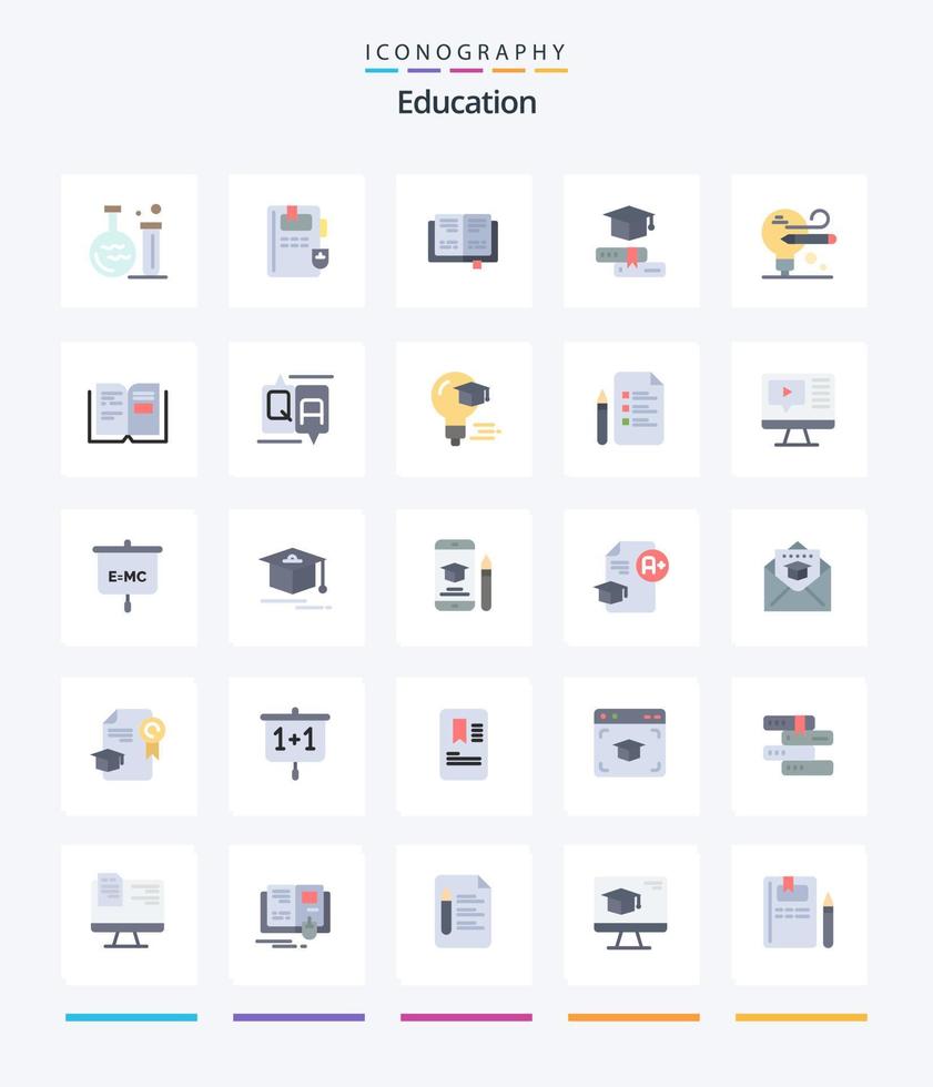 educación creativa 25 paquete de iconos planos como texto. educación. gorra. libro. lápiz vector