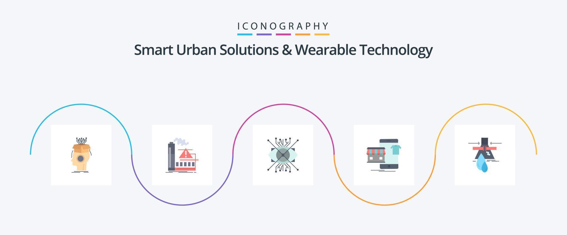 soluciones urbanas inteligentes y paquete de iconos planos de 5 tecnologías portátiles que incluye prendas. lente. aire. ojo. aumento vector