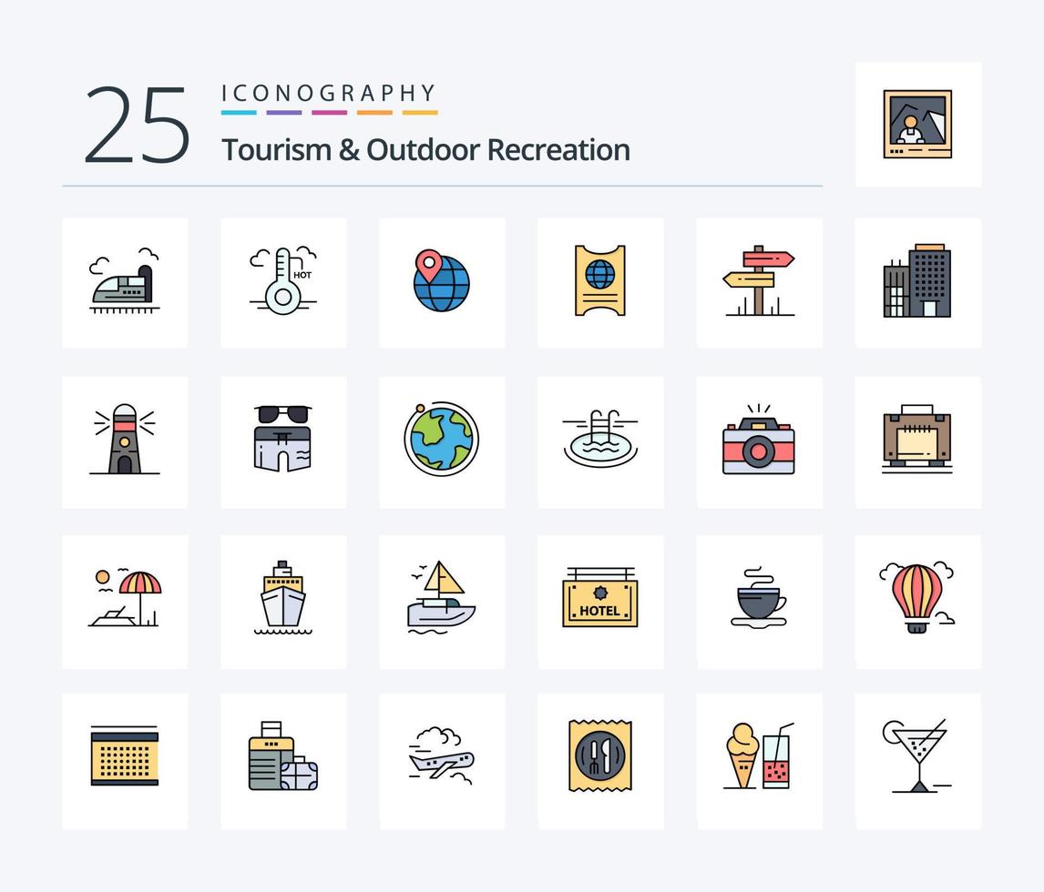 paquete de iconos llenos de 25 líneas de turismo y recreación al aire libre que incluye hotel. hotel. ubicación. boleto. aprobar vector