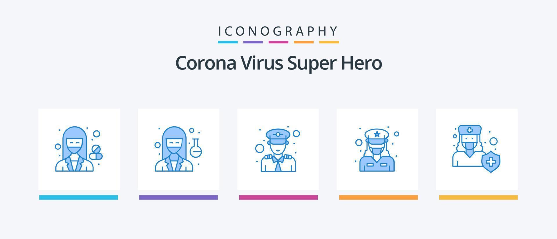 corona virus super héroe azul 5 paquete de iconos que incluye médico. policía de tráfico. científico. oficial. oficial. diseño de iconos creativos vector