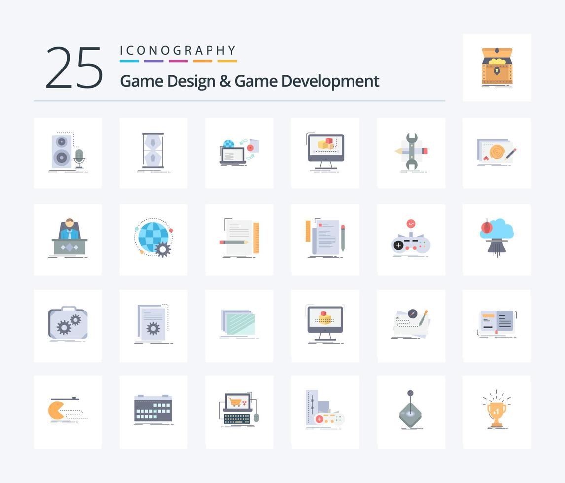 Game Design And Game Development 25 Flat Color icon pack including editor. animation. sand clock. publishing. game vector