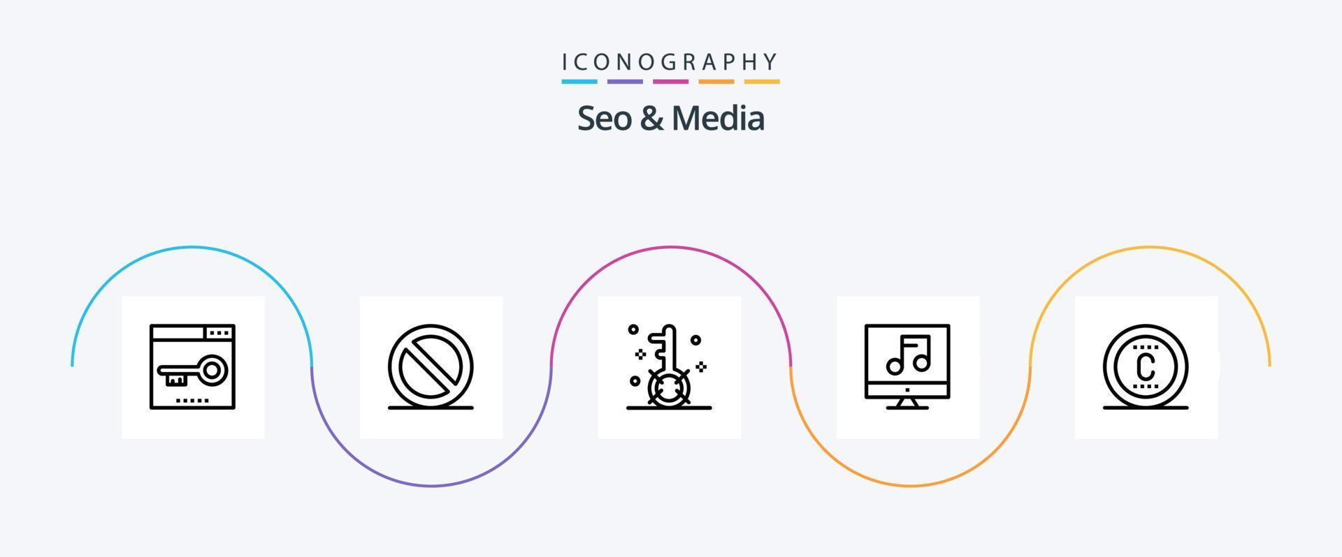 paquete de iconos seo y media line 5 que incluye derechos de autor. multimedia. motor. medios de comunicación. buscar vector