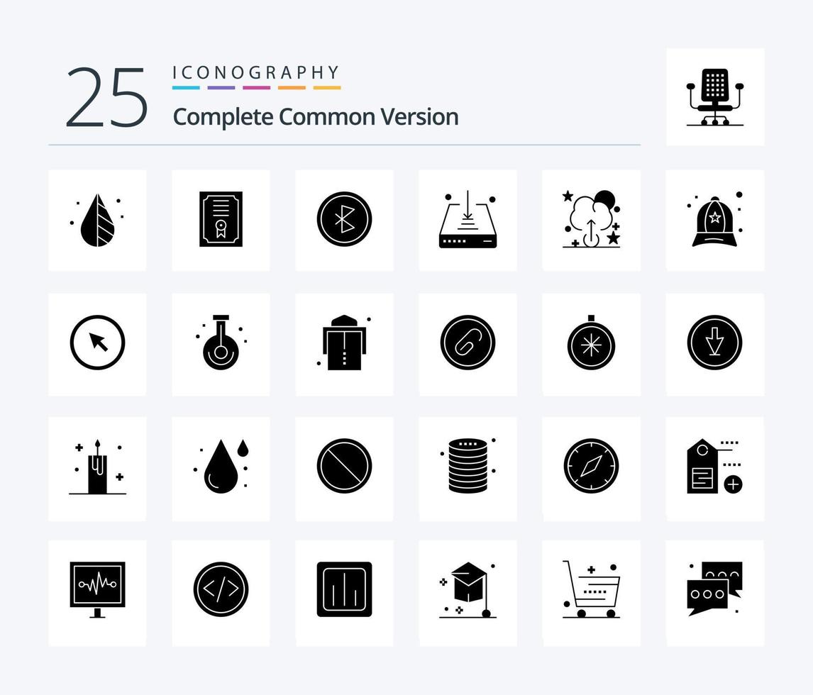 Complete Common Version 25 Solid Glyph icon pack including upload. save. communication. download. arrow vector