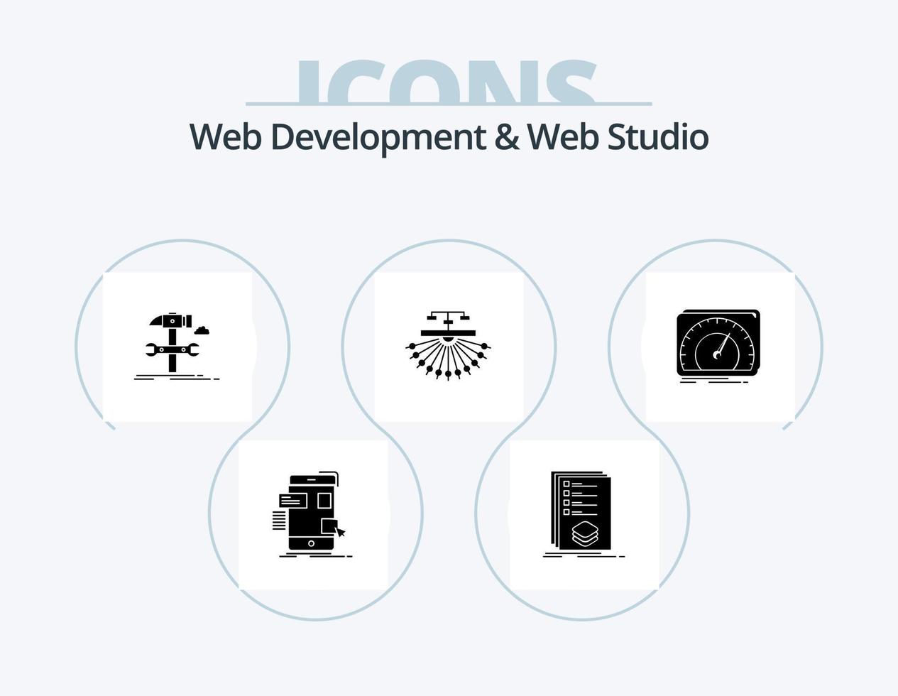 Web Development And Web Studio Glyph Icon Pack 5 Icon Design. site. optimization. listing. service. hammer vector