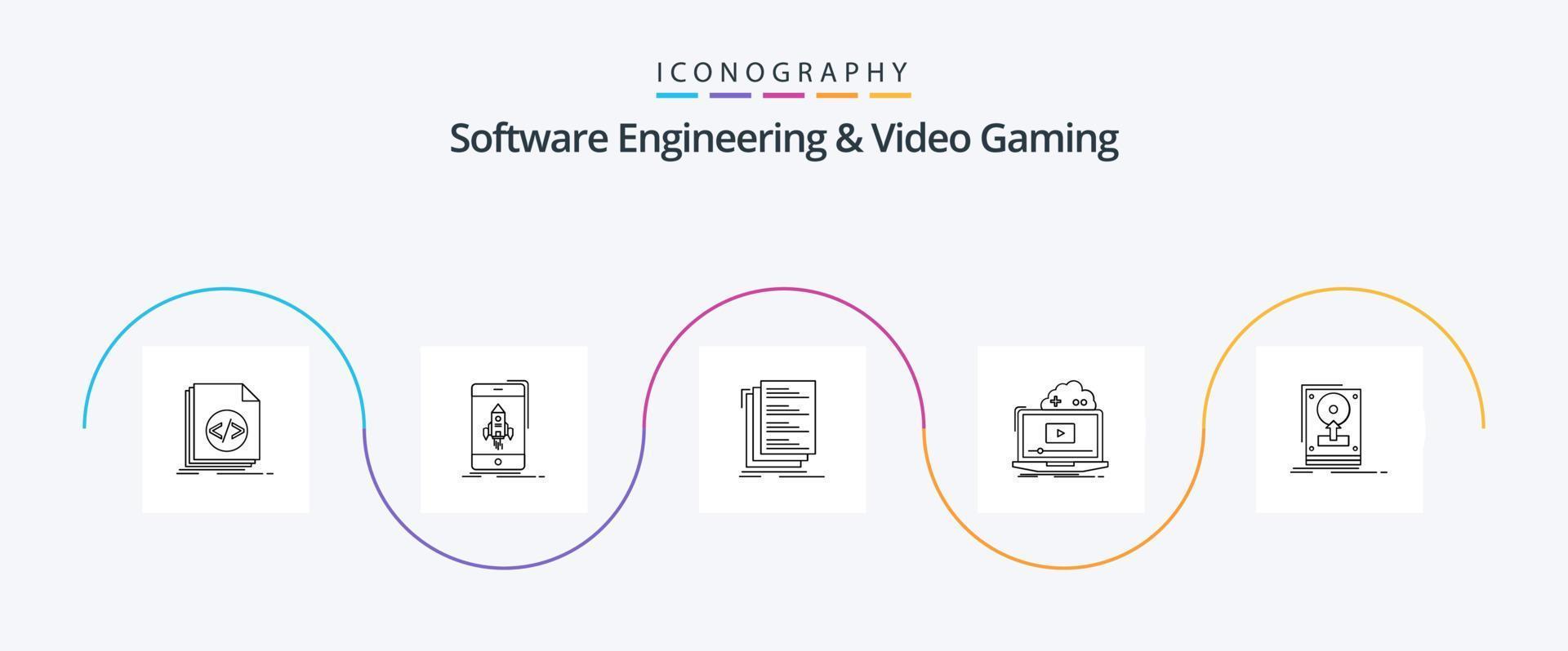 Software Engineering And Video Gaming Line 5 Icon Pack Including online. cloud. mobile. list. compile vector