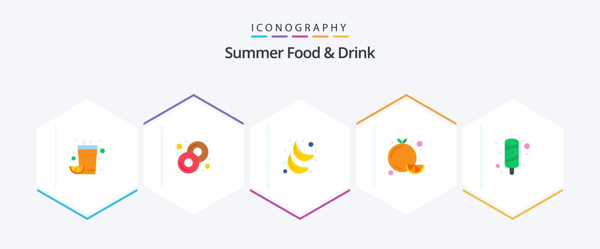 comida y bebida de verano paquete de 25 íconos planos que incluye helado. crema. banana. naranja. agrios vector