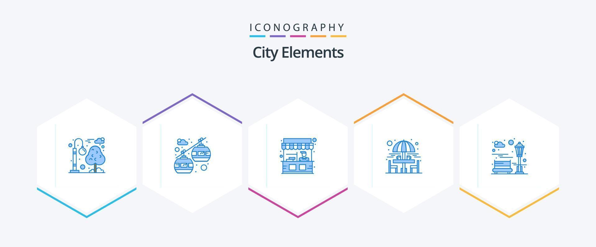 City Elements 25 Blue icon pack including park. bench. stall. sitting table. drinking vector