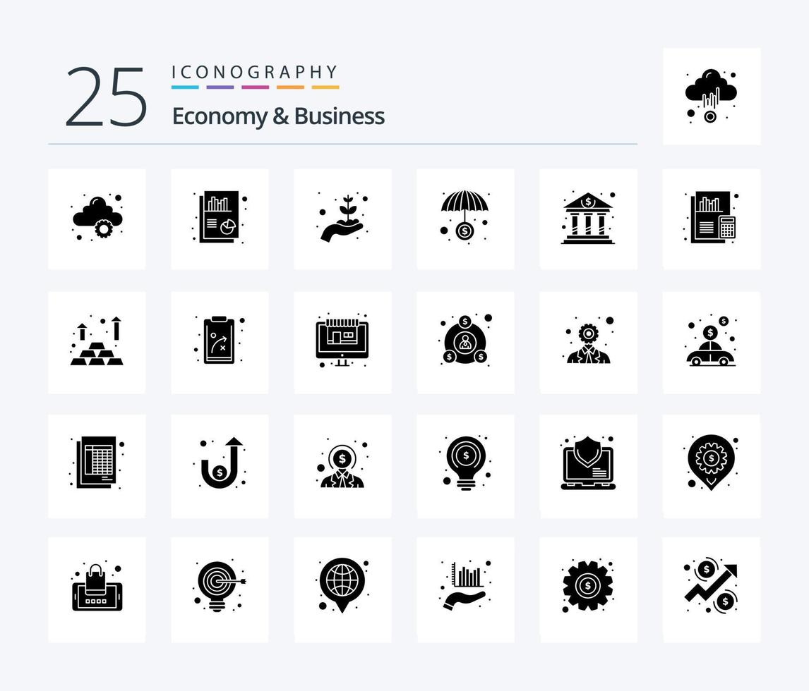 paquete de iconos de glifos sólidos de economía y negocios de 25, incluido el edificio. crecimiento. inversión. finanzas vector