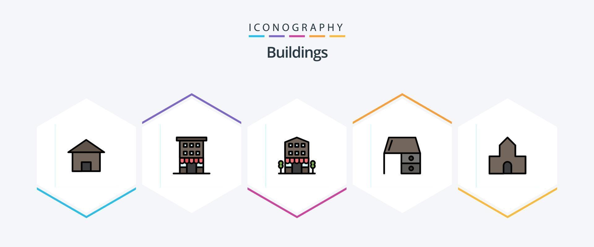 Buildings 25 FilledLine icon pack including chapel. cathedral church. shop front. office material. furniture vector