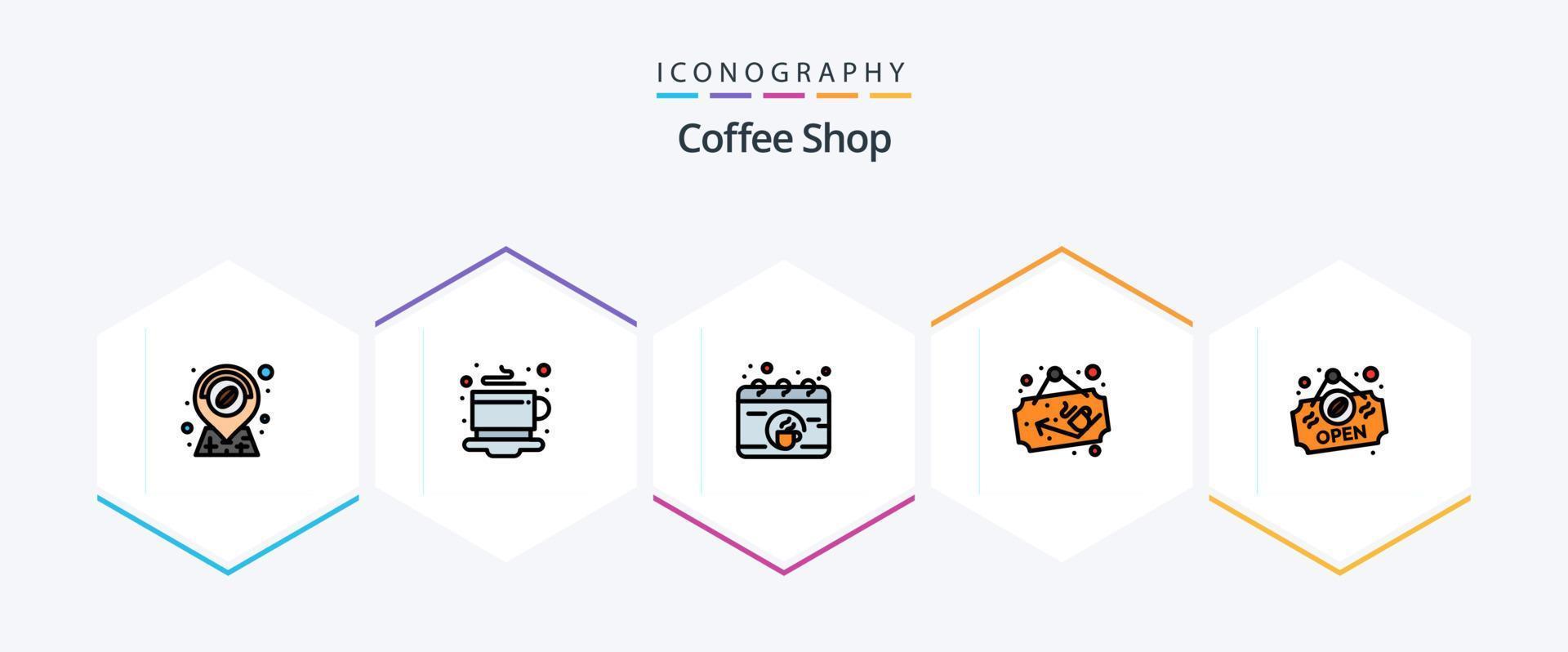 Coffee Shop 25 FilledLine icon pack including sign. open. break. sign board. cup vector