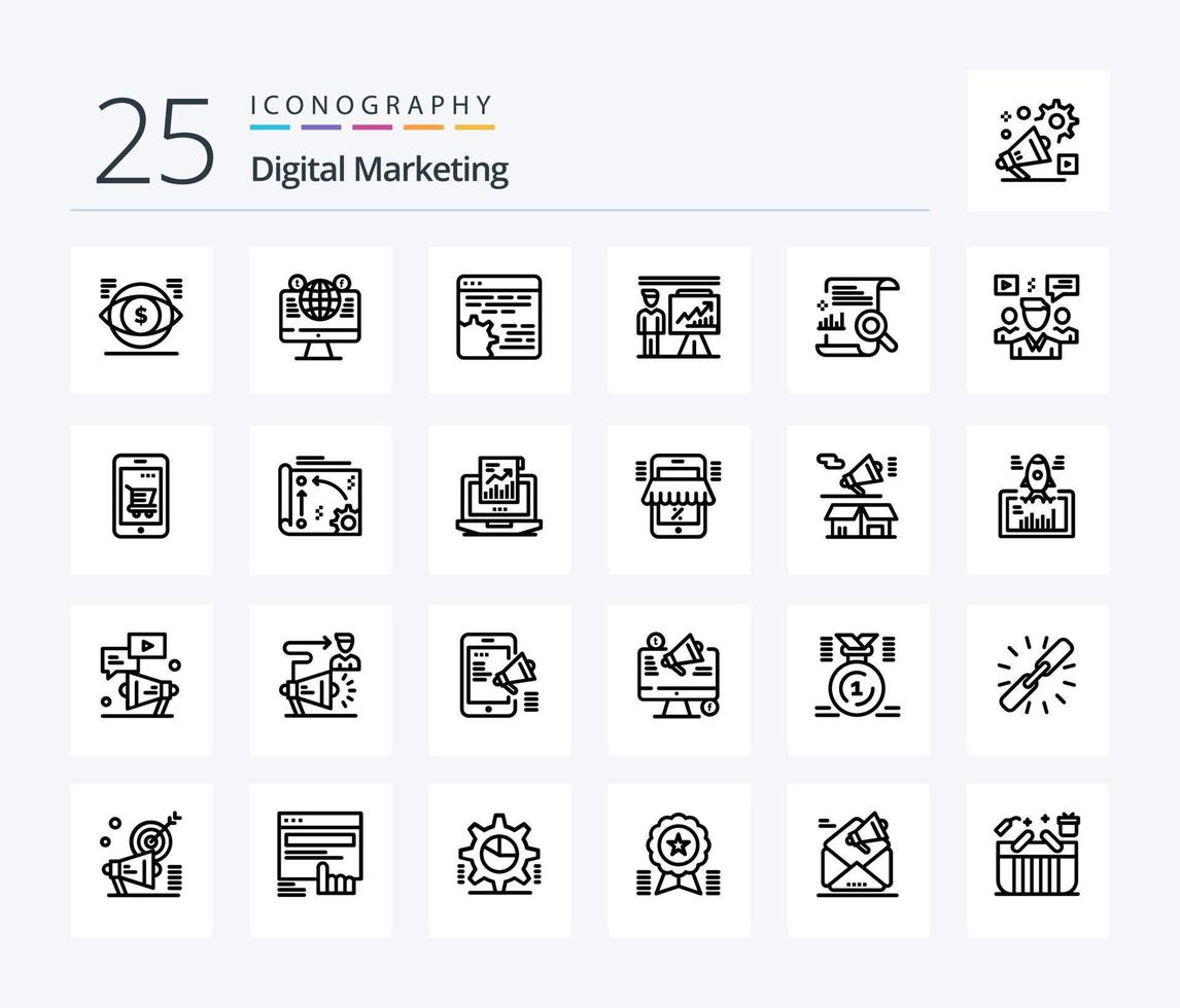 Digital Marketing 25 Line icon pack including presentation. business. social media. app. cog vector