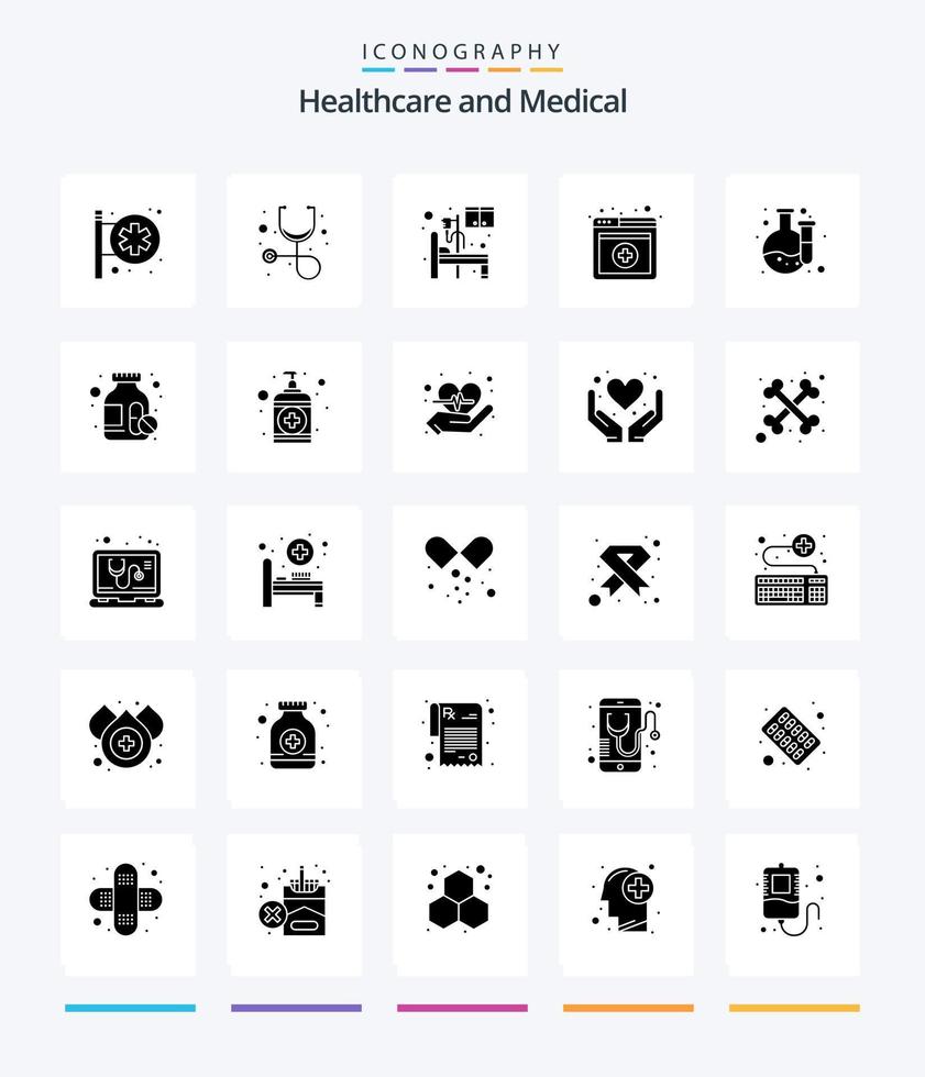 paquete de iconos negros sólidos de 25 glifos médicos creativos, como medicamentos. laboratorio. hospital. químico. en línea vector