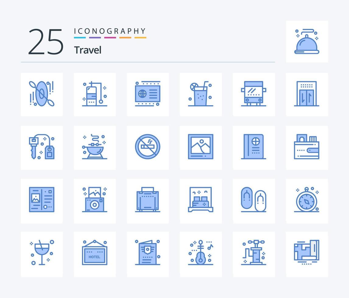 Travel 25 Blue Color icon pack including elevator. regular. debit. bus. juice vector