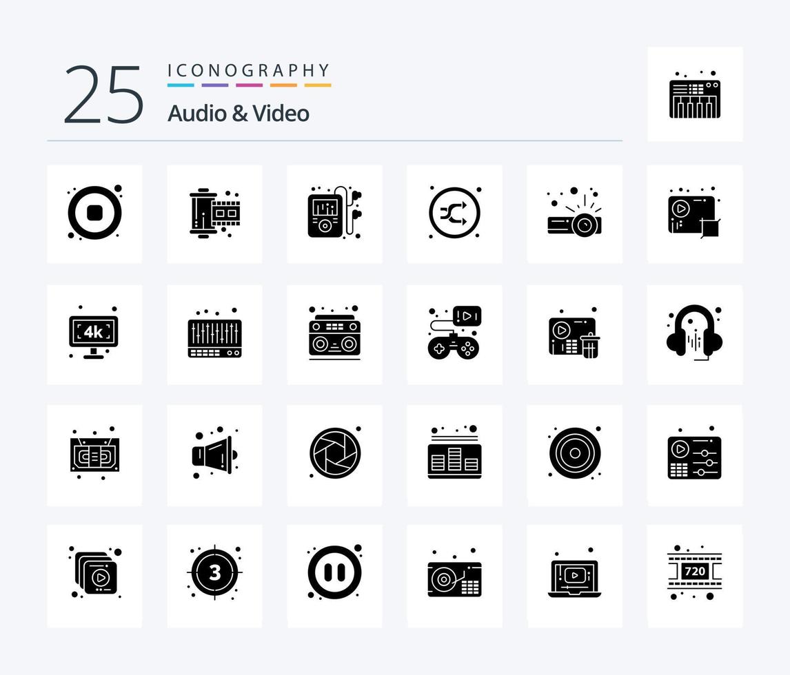 paquete de iconos de 25 glifos sólidos de audio y video que incluye presentación. barajar. multimedios mp. aleatorio. mezcla vector