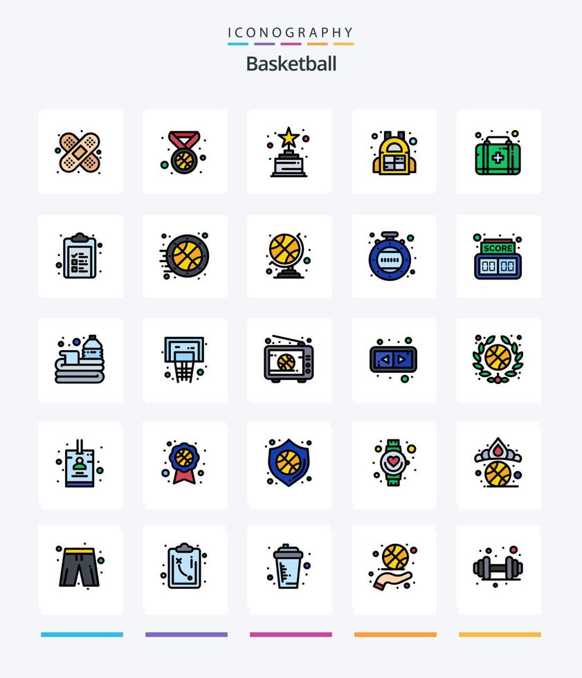 paquete de iconos rellenos de 25 líneas de baloncesto creativo, como el portapapeles. equipo. trofeo. caja. primeros auxilios vector