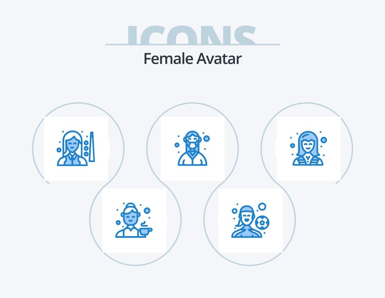 Female Avatar Blue Icon Pack 5 Icon Design. medical. female. playing football. doctor. snooker vector