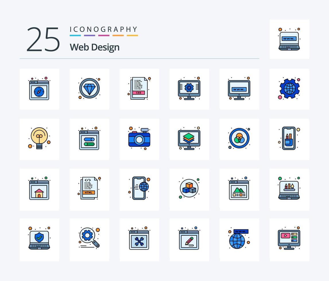 Web Design 25 Line Filled icon pack including technology. web. css. screen. setting vector